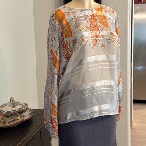 Zandra Rhodes LONDON long sleeve high neckline hip length sheer SILK BLOUSE